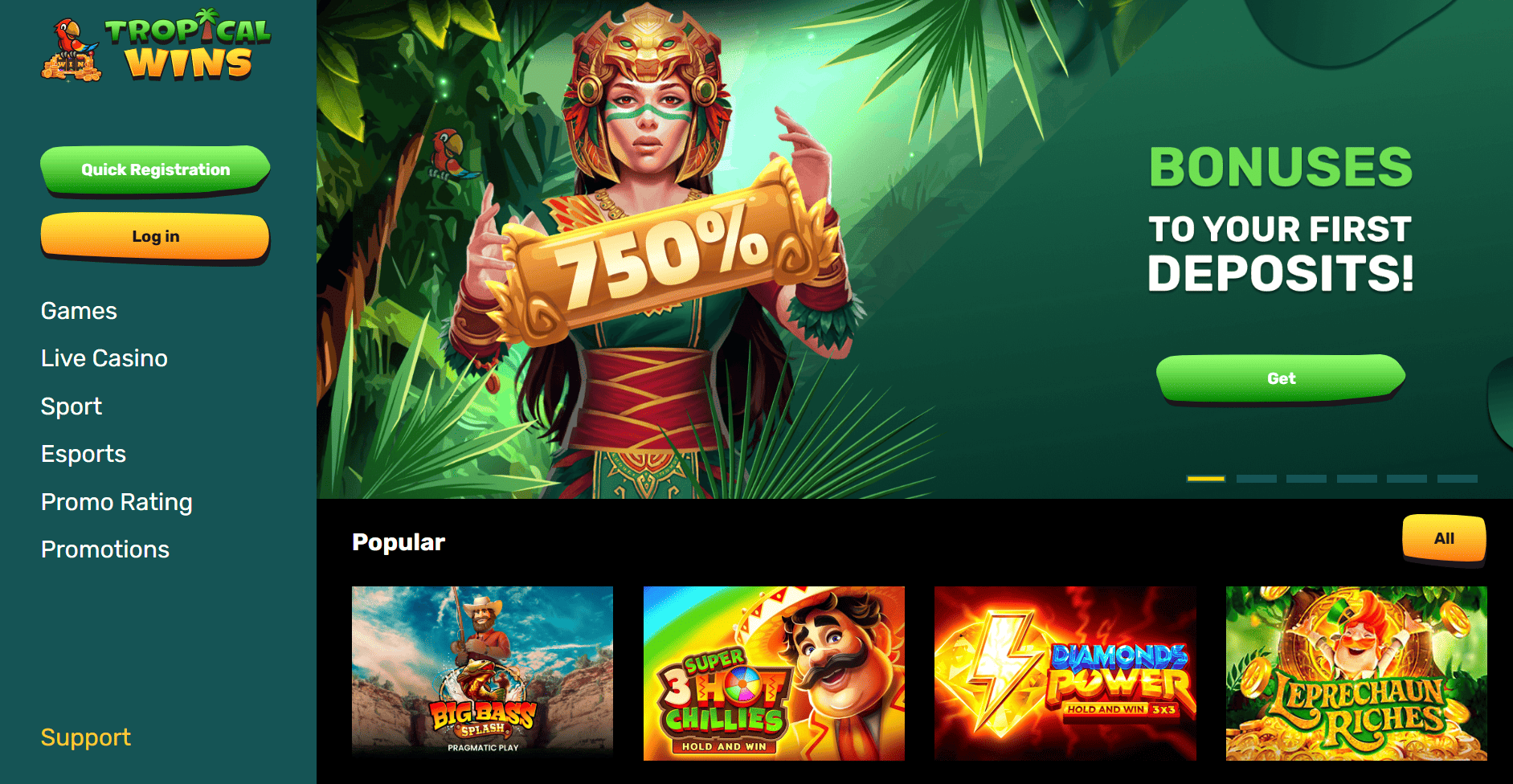 Screenshot of the Tropical Wins Casino website
